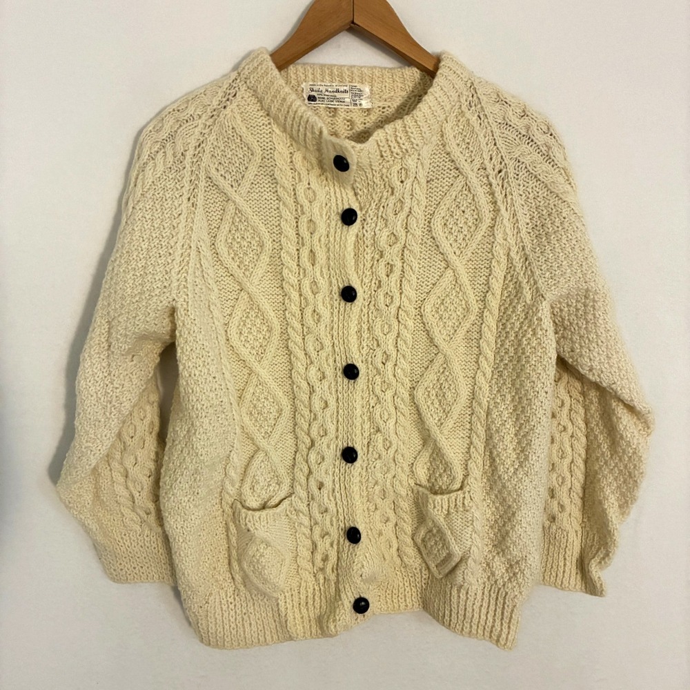 Vtg Sheila Handknits Irish Wool Cardigan Women's Fits Small Cable Knit Gorpcore
